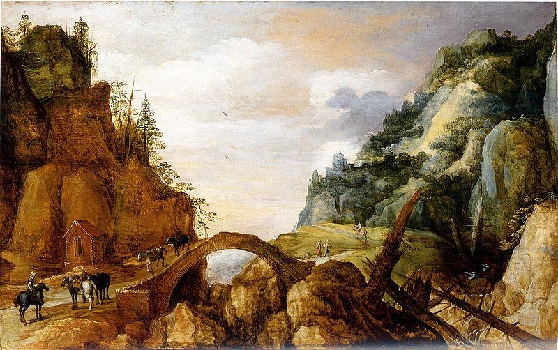 Joos de Momper mountainous landscape with horsemen and travellers crossing a bridge. Norge oil painting art